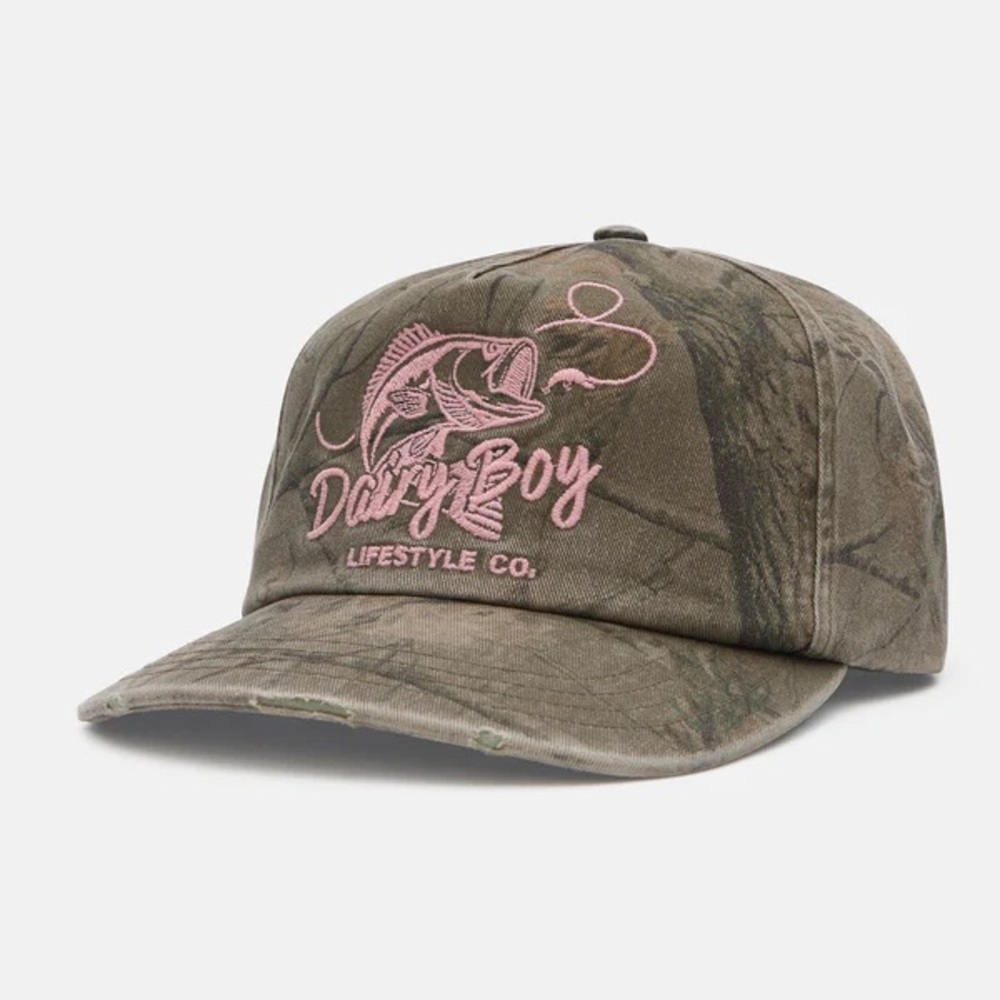 Dairy Boy Lifestyle Co. Women's Camo Baseball Cap in Olive with Pink Embroidery